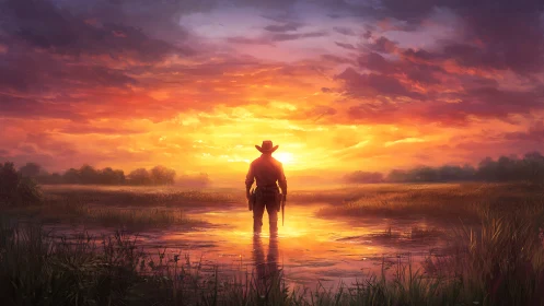 Lone cowboy silhouetted in reflective marsh at blazing sunset
