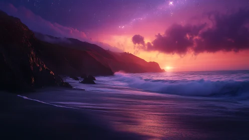 Galactic dusk surf rolls against violet cliffside shores.