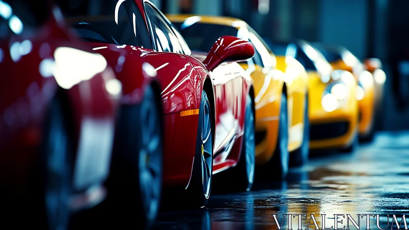 Row of glossy sports cars parked on wet reflective floor.