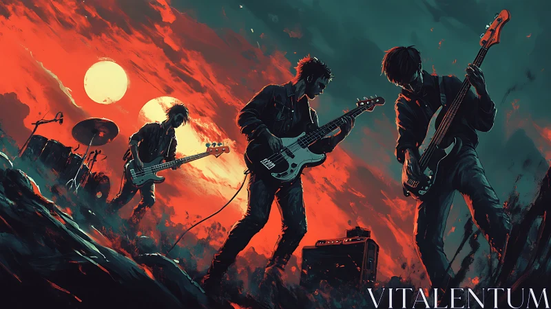 Post-apocalyptic rock band under twin suns in teal haze.