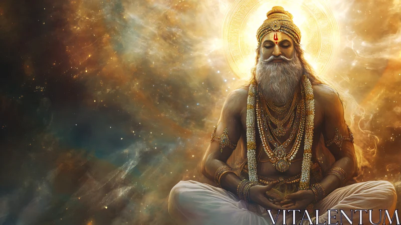 Digital painting of radiant meditating sage in cosmic mandala field.