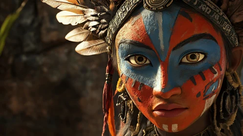 Sunlit tribal portrait with vivid ceremonial face paint.