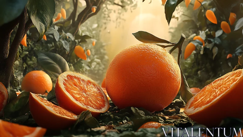 Sunlit orange grove showcases hyperreal citrus detail.