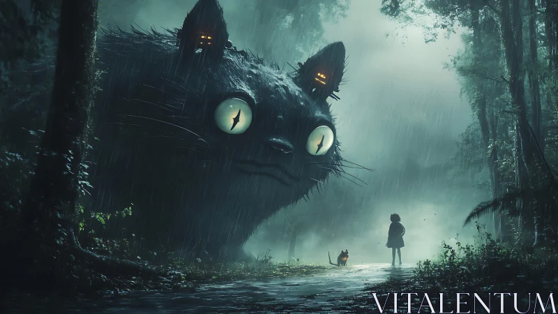 Midnight forest meeting with a gentle giant cat spirit.