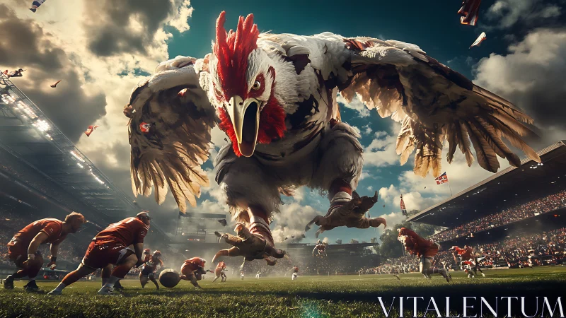 Giant roaring chicken storms chaotic rugby stadium battle.