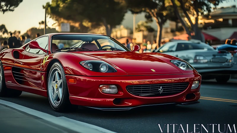 Red sports coupe parked on city street at sunset.