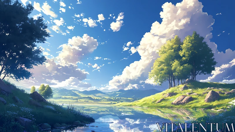 Radiant valley skyscape with reflective riverbank illumination.