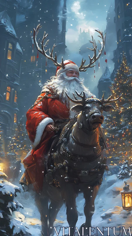 Santa rides winter reindeer through glowing snowbound town.
