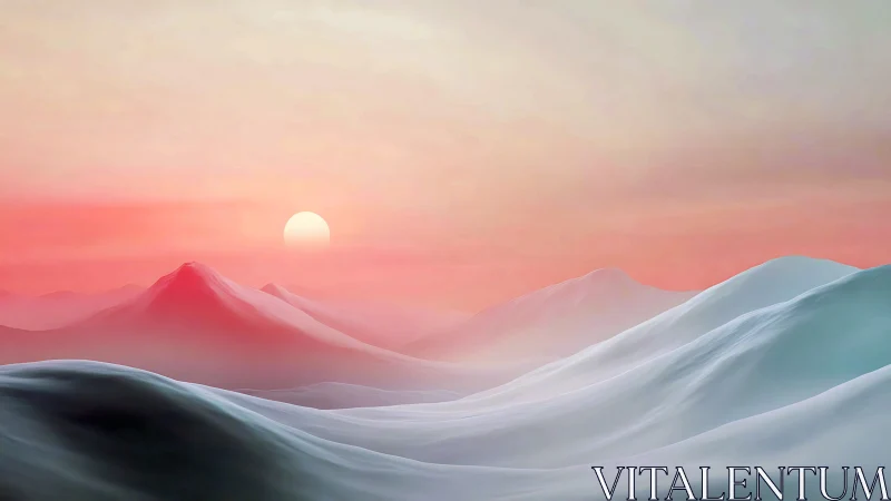 Sunlit pastel mountainscape with layered mist and dunes.