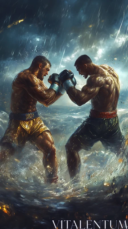 Two Boxers Locked in Storm: Golden Musculature Against Ethereal Rainfall.