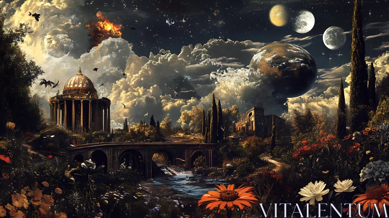 Multi-moon celestial garden with domed temple and stone viaduct.