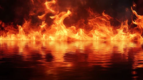 Intense flames cascade across reflective water surface with dynamic luminosity.