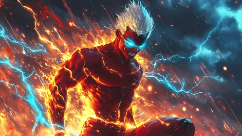 Electric humanoid figure in fiery environment under storm clouds.