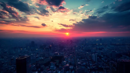 Vibrant city skyline under intense red and blue sunset sky.