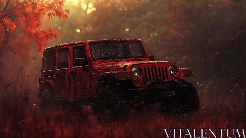 Bold red off road jeep rests in a misty autumn forest glow