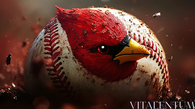 Cardinal baseball emblem rendered in hyperreal dirt impact.