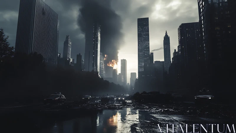 City street is shown under dense smoke and structural fire