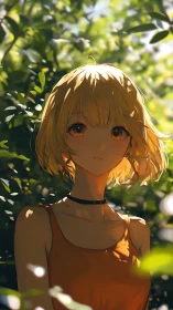 Sunlit blonde girl in forest bokeh with soft anime realism.