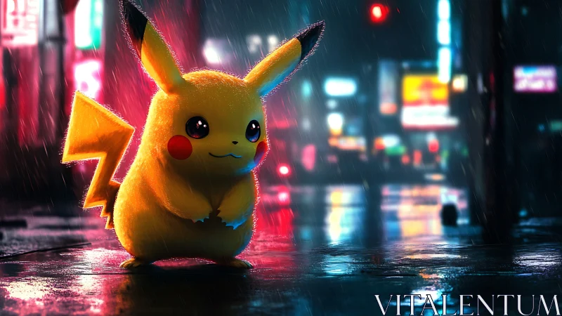 Neon lit Pikachu standing on wet cyberpunk city street.