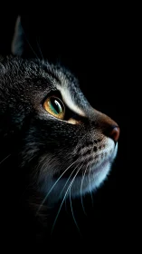 Black Cat Portrait with Golden Eyes Against Dark Background.