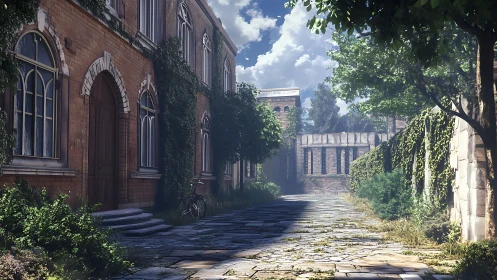 Sunlit ivy-covered courtyard rendered with high-detail 3D lighting