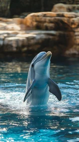 Bottlenose dolphin performs vertical spyhop in controlled blue pool