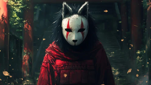 Fox mask wanderer in crimson cloak beneath shrine gate.