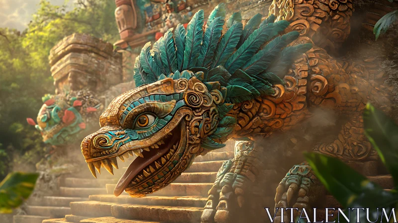 Feathered serpent stone sculpture occupies stepped temple