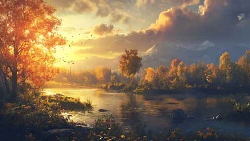 Sunlit river drifts through blazing autumn and brooding peaks