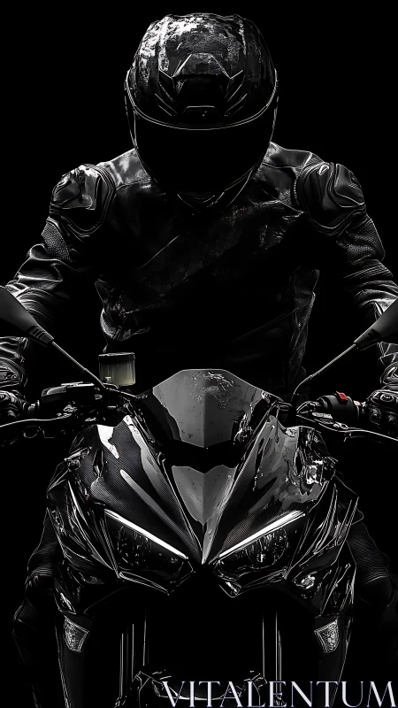 Motorcyclist in black gear on sport bike against dark field.