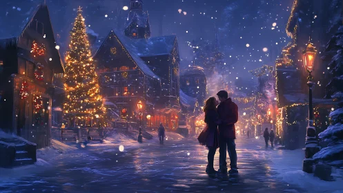 Snowlit lovers beneath a golden Christmas village glow.