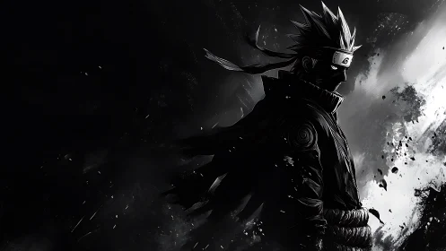 Dark ninja silhouette in high contrast monochrome storm.