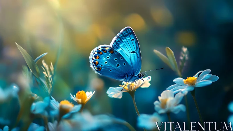 Macro study of blue butterfly on daisies in bokeh field.