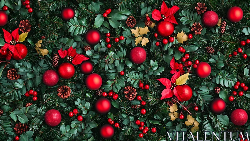 Red ornaments and foliage create a dense Christmas botanical field