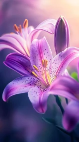 Purple lily blooms with golden stamens in soft bokeh setting.