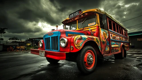 Color-rich vintage bus under stormy tropical sky.