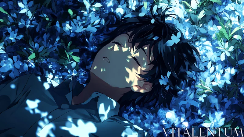 Young person lying in foliage under dappled blue light.