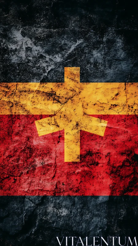 Textured tricolor flag with central yellow cross emblem.