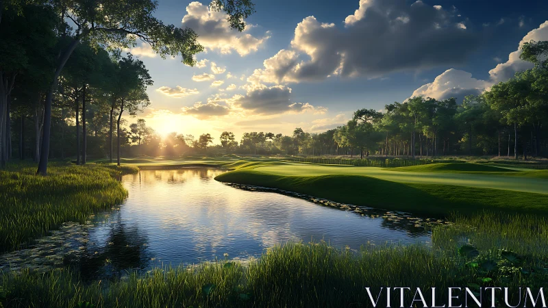 Sunlit golf fairway curves beside a tranquil reflective lake