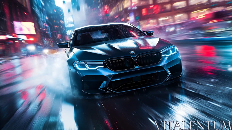 Midnight performance sedan powers through neon city streets.