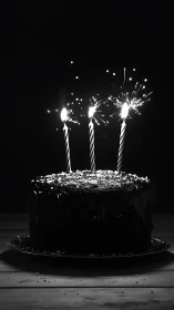Birthday Cake with Three Lit Sparklers Against Black Background