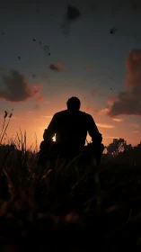 Silhouetted wanderer watches a burning ember sunset sky.