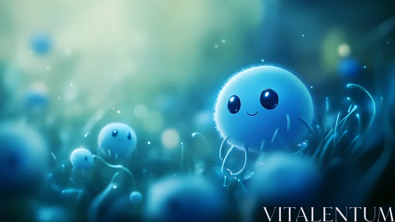Smiling blue orb characters float in a softly lit meadow