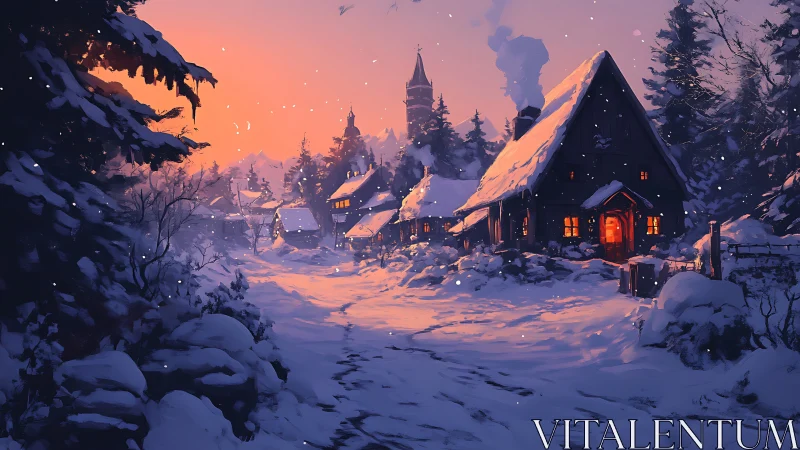 Snowy village street at sunset with warm lit cottages.