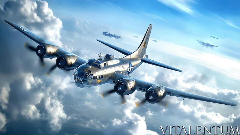 Four‑engine bomber aircraft flies above dense cloud layer