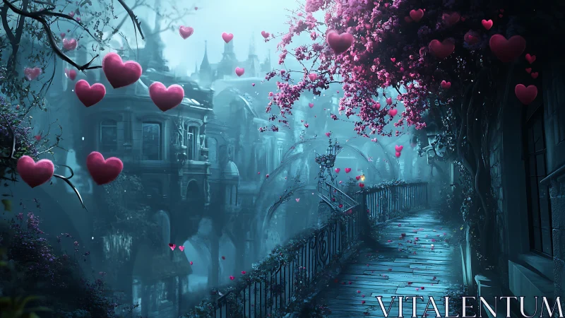 Gothic cityscape with floating hearts and blooming florals