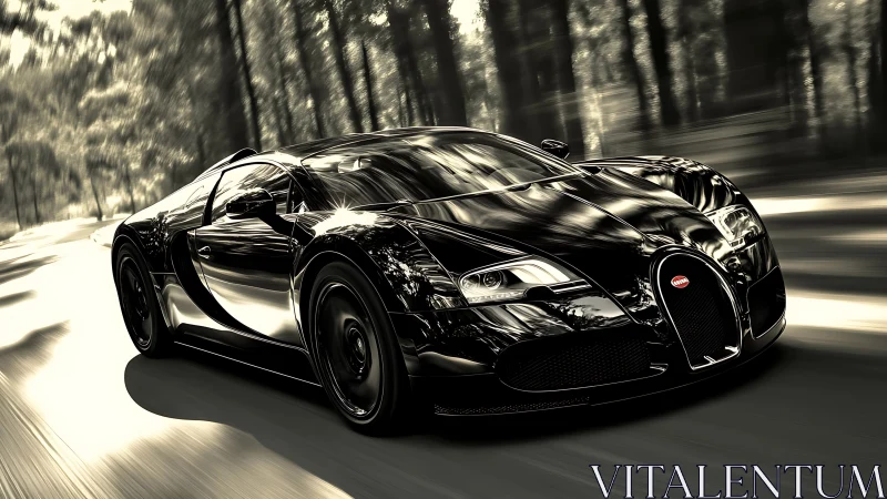 Midnight hypercar surging through blurred forest road.