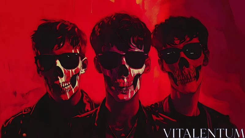 Sunglassed skull trio leans into crimson neon oblivion