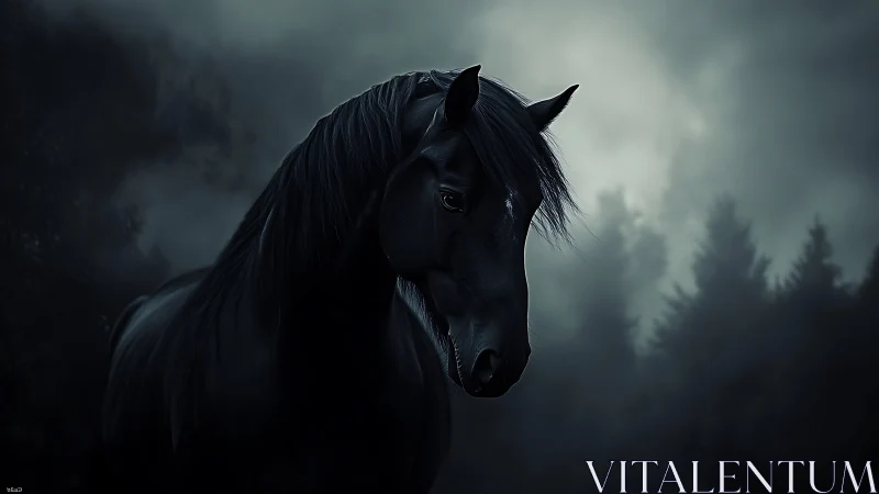 Black horse stands in dark misty forest at twilight.