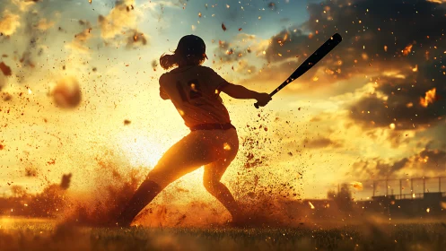 Baseball batter silhouette striking ball at sunset field.